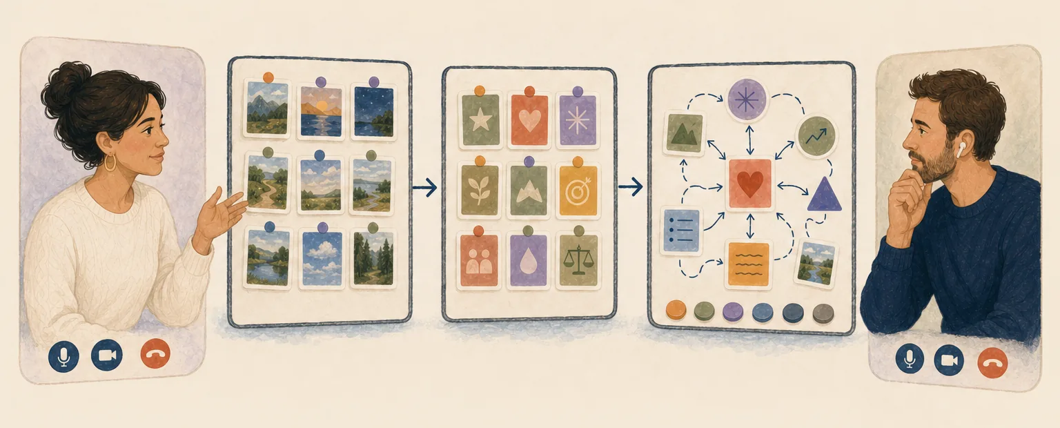An online visual coaching session: a client's story unfolds left to right across three shared boards — picture cards, strengths cards, and a resolved outcome map.