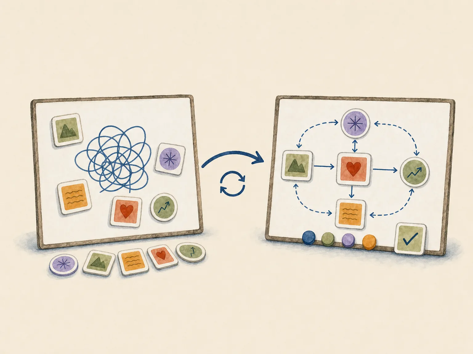 A tangled coaching board becoming a clear, organized model, with a repeat symbol and a completed check card — the skill in place.